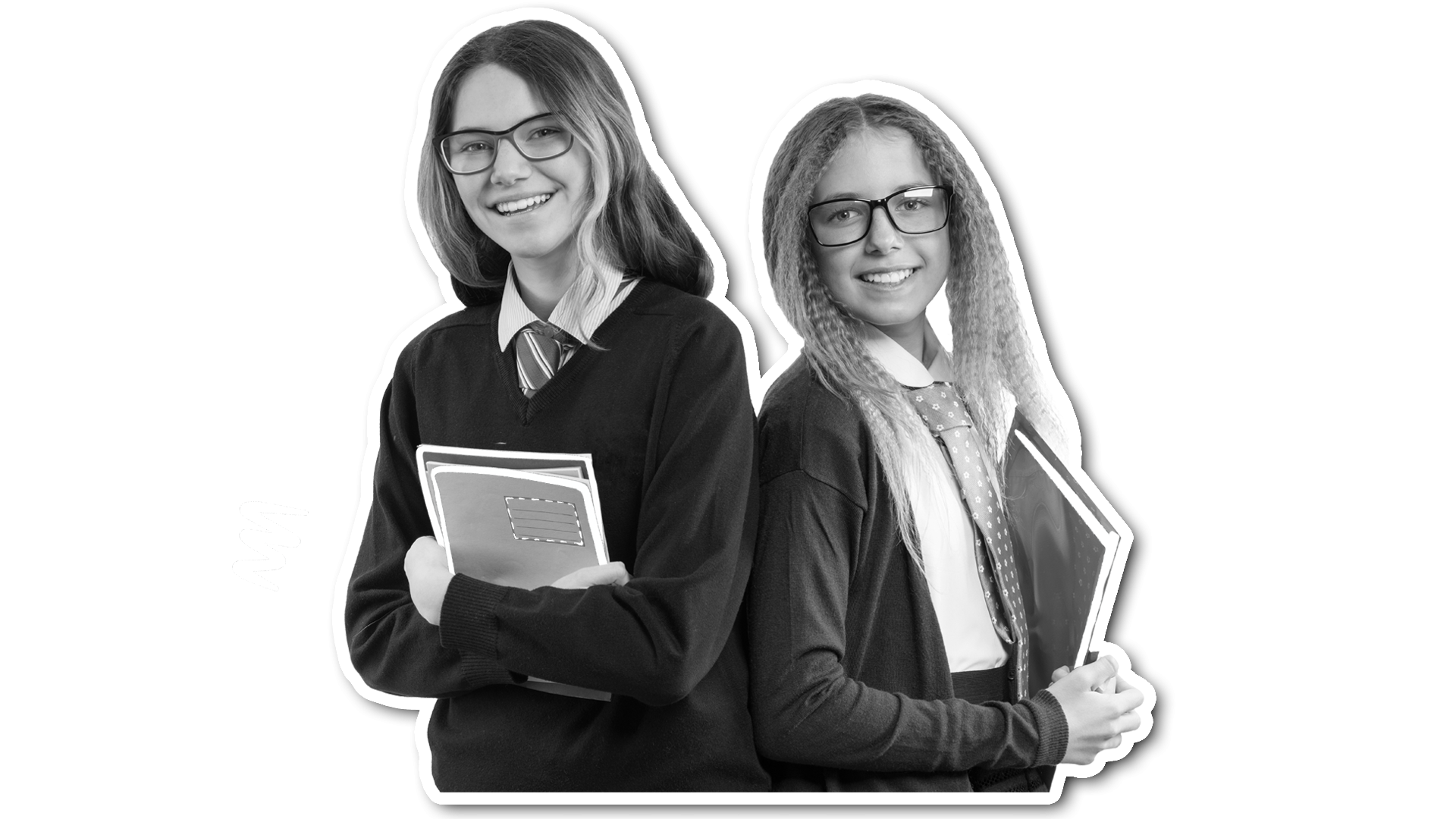 Two girls standing back to back holding books