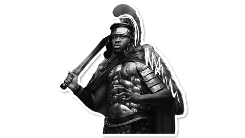 black and white image of a man dressed as a roman soldier