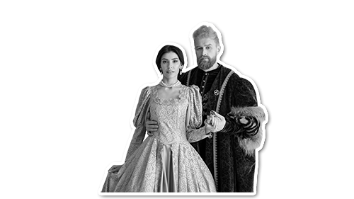 black and white image of a king and queen from the tudor period