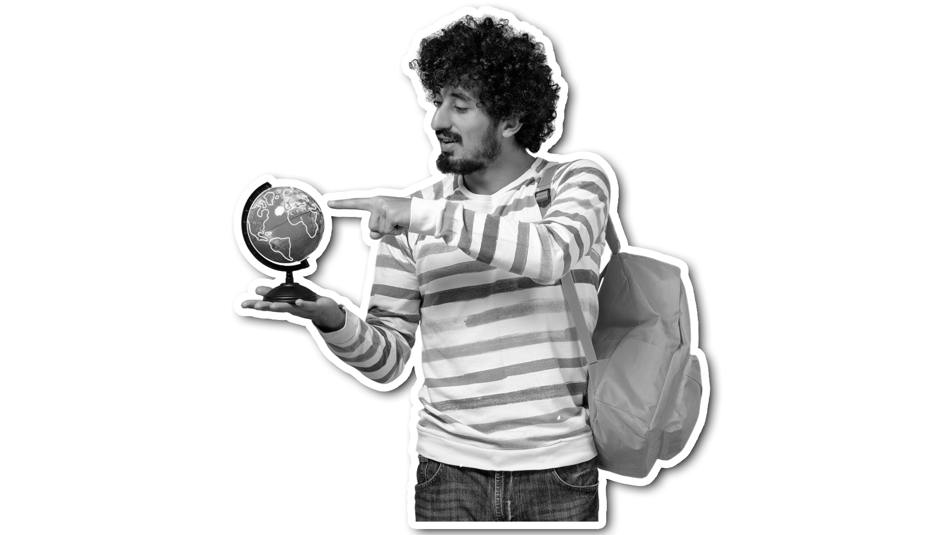 person holding a globe and pointing