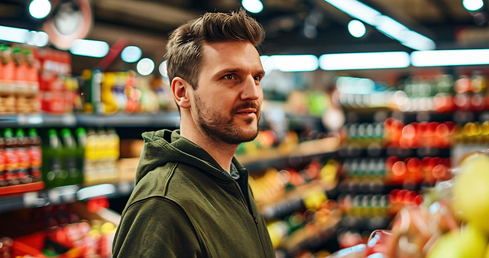 Portrait of man shopping and buying consumer goods