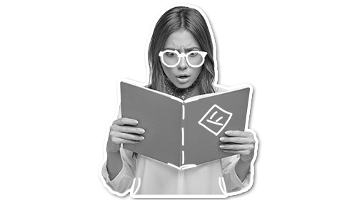 lady reading a book with a doodle of a rocket and cityscape near her