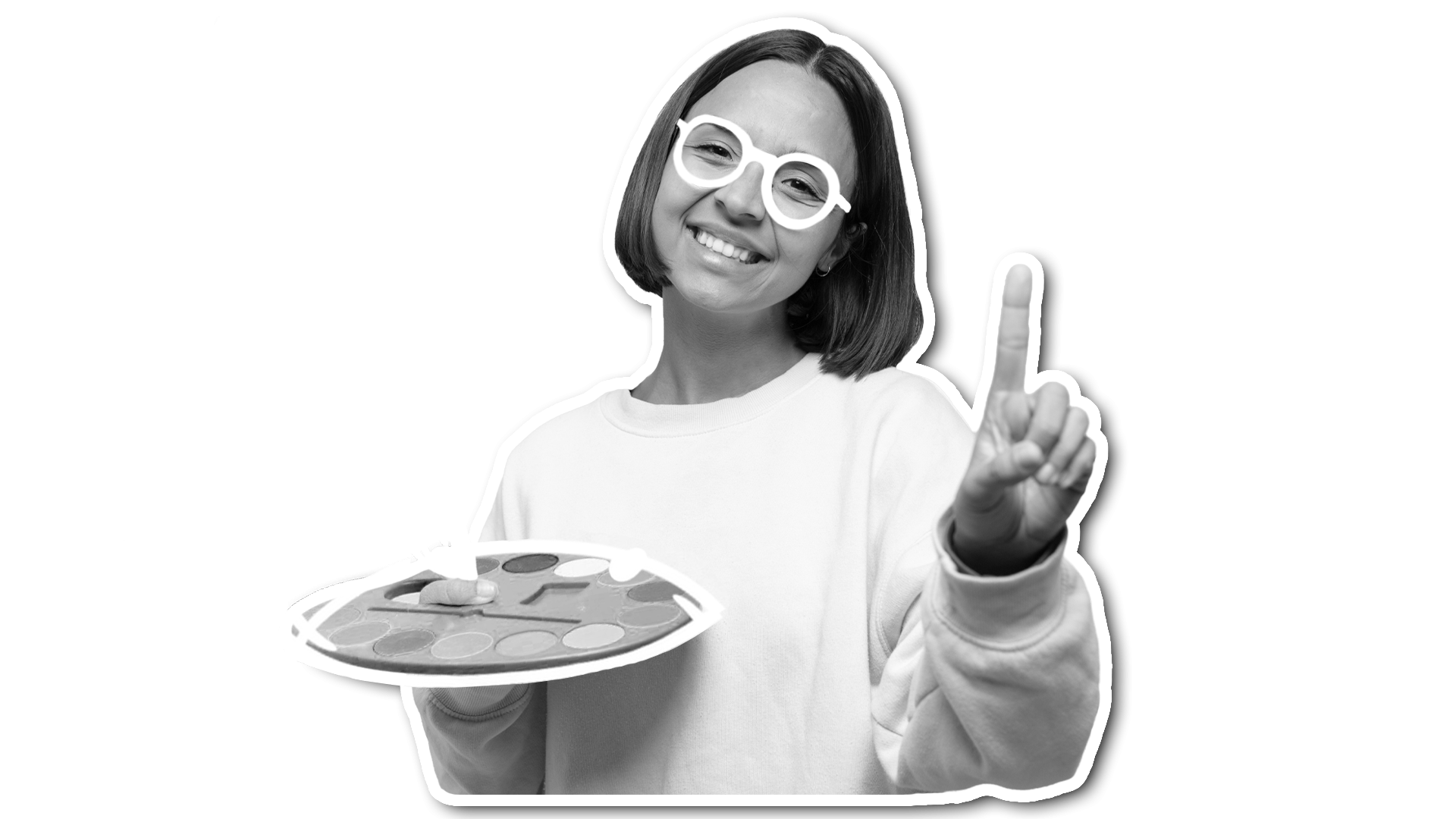 lady with colour palette pointing finger