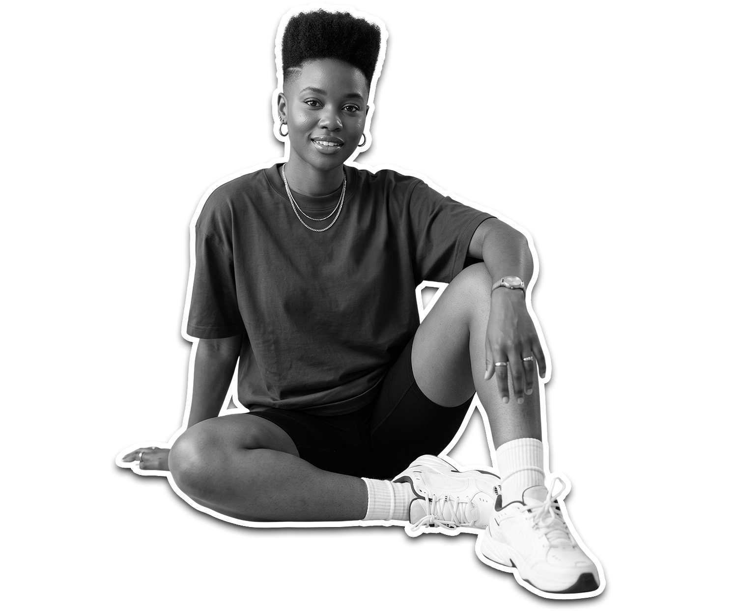 Young person sitting in maroon t-shirt and shorts on blue background