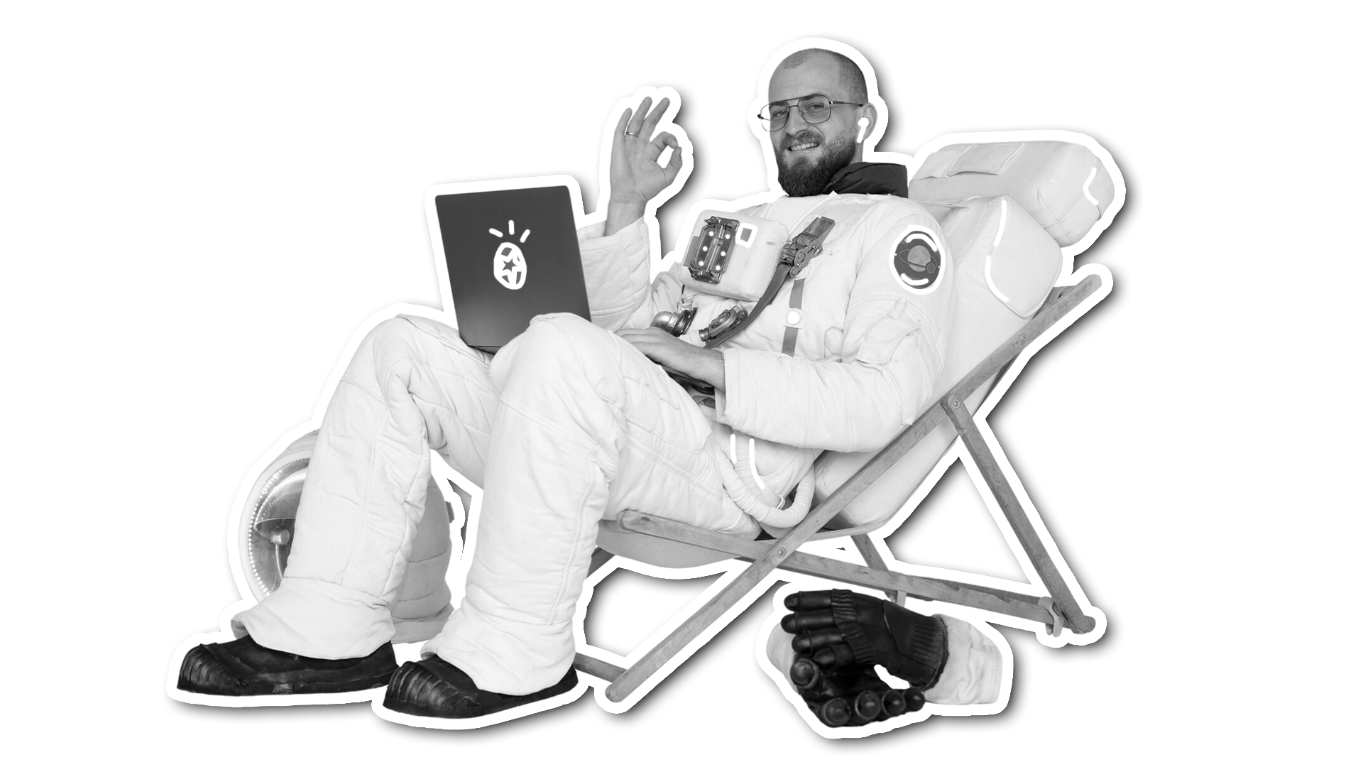 space man on a picnic chair giving the ok sign
